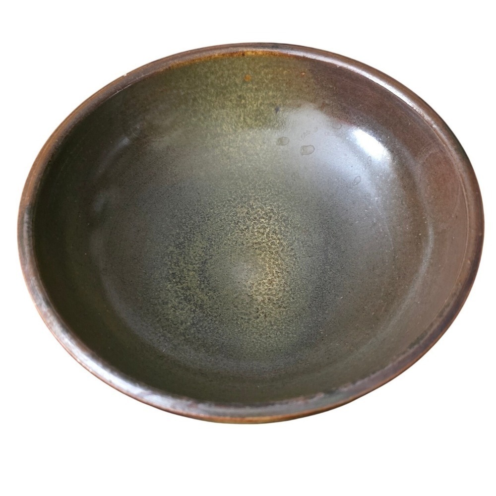 Studio Art Pottery Hand Thrown Glazed Bowl Signed Earthy Green Brown 6.5"